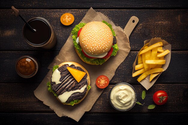 Smakelijke cheeseburgers met patat en sauzen op donkere houten generatieve ai als achtergrond