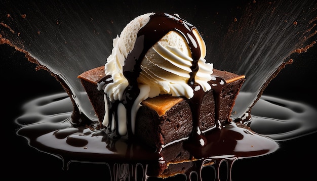 Smakelijke chocolade brownie close-up met vanille-ijs gegoten met donkere chocolade op een zwarte achtergrond Generatieve AI