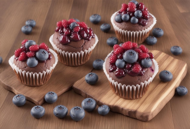 Smakelijke cupcake-muffins met vers bosbessenfruit op houten tafel
