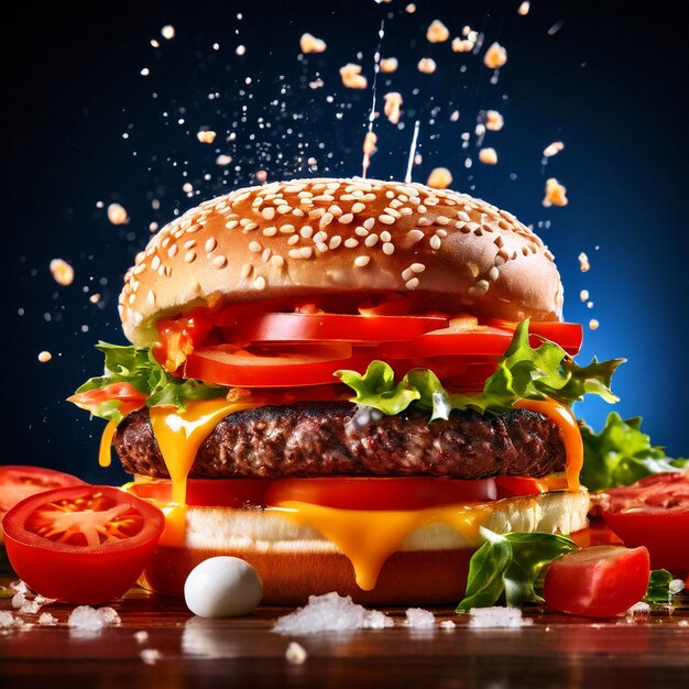 smakelijke echte burger met dynamische banner afbeelding met ozing kazen stukken tomaten en opgeschort SPLAS