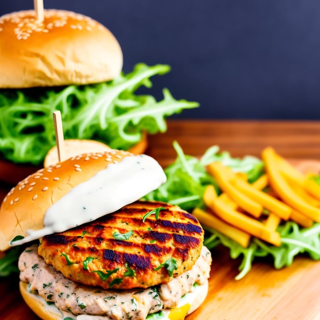 Smakelijke gegrilde rundvlees- en garnalenburger met sla en mayonaise