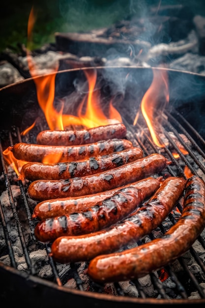 Foto smakelijke gegrilde worst op de vlammende grill heerlijke knapperige worstjes ruimte voor tekst generatieve ai