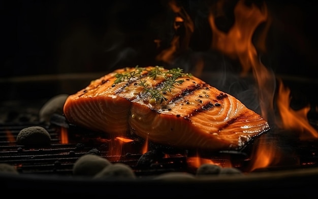 Smakelijke geroosterde zalmsteak die boven de grill kookt met vlammen Generatieve AI