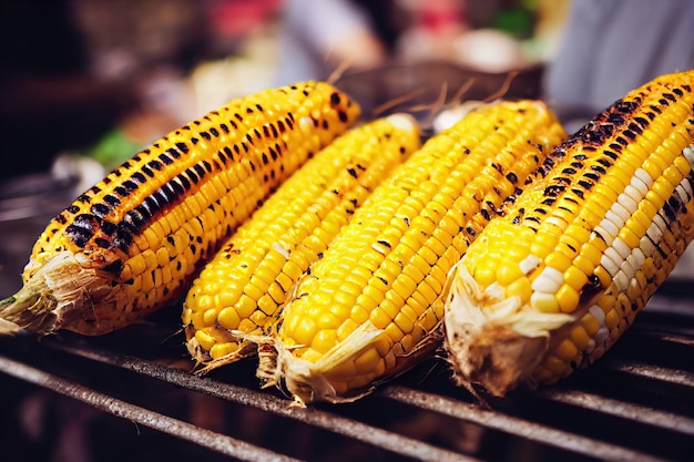 Smakelijke gouden hoofden van gegrilde maïs op metalen rooster