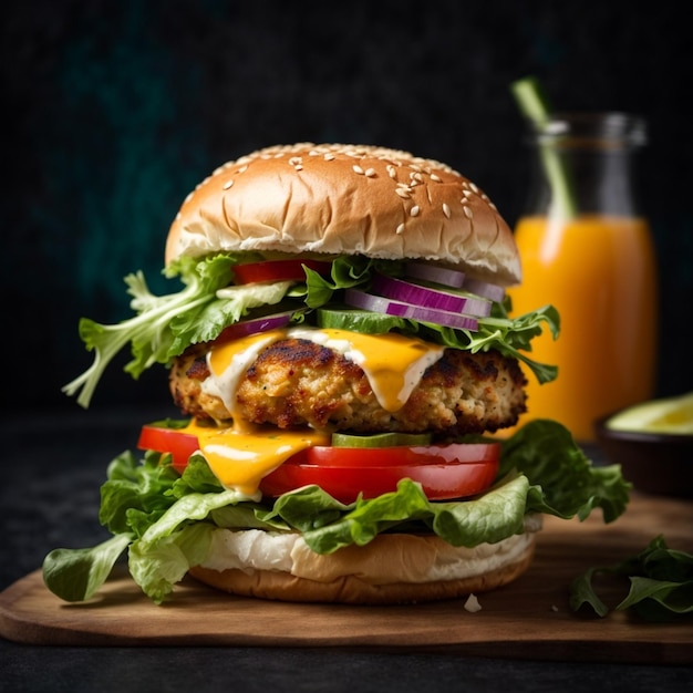 Smakelijke hamburger met kaas en salade donkere achtergrond