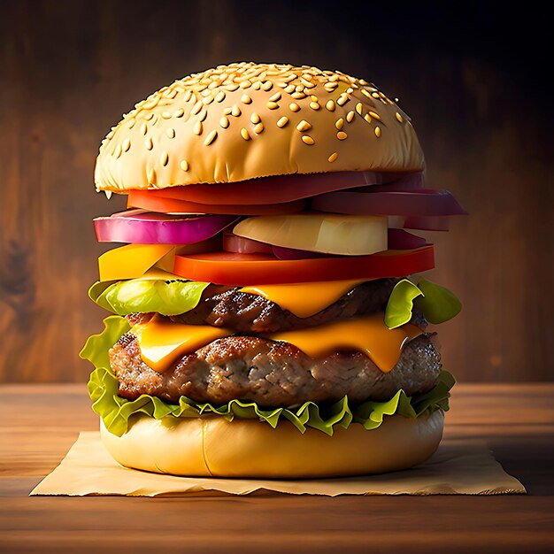 Foto smakelijke hamburguer-hamburger met gegenereerde kaasachtergrond ai