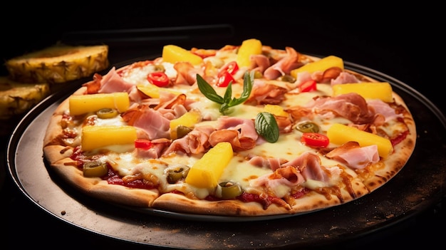 smakelijke Hawaiiaanse pizza met ham gegrilde kip bacon ananas groene paprika uien geel