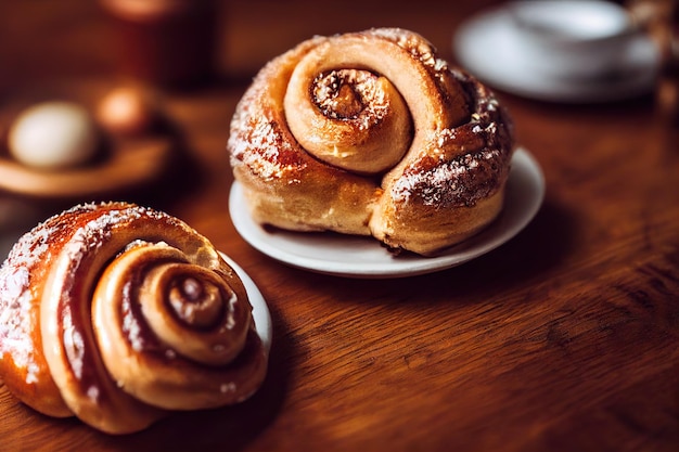 Smakelijke kaneelbroodjes met karamelglazuur in de vorm van een slak