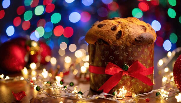 smakelijke kerstpanettone met rood lint