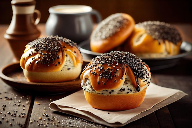 Smakelijke maanzaadbroodjes met zoet glazuur voor het ontbijt