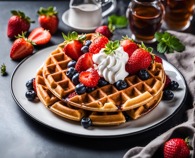 Smakelijke mooie wafels met slagroom, aardbei en andere bessen op een borddessertvoedselfoto