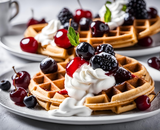 Foto smakelijke mooie wafels met slagroomkersen en andere bessen op een borddessertvoedselfoto