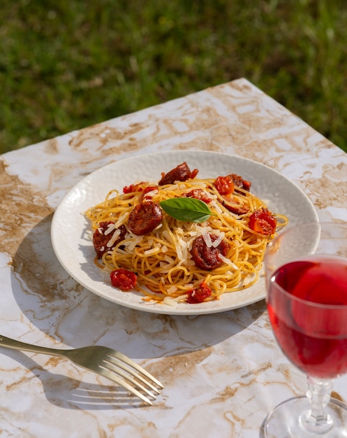 Foto smakelijke pasta met chorizo plakjes samenstelling