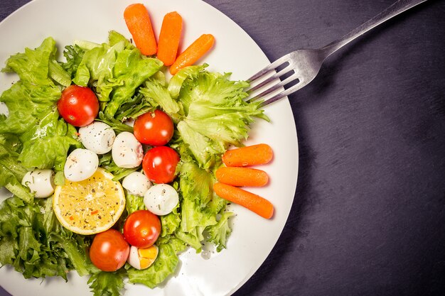 Smakelijke salade met cherrytomaten, slabladeren, citroen, kruiden, wortel en kwartel eieren op stenen tafel met vork