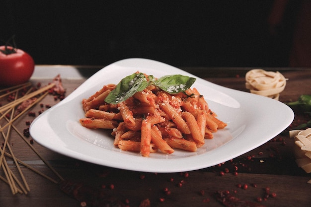Foto smakelijke smakelijke klassieke italiaanse pasta met een heerlijke saus