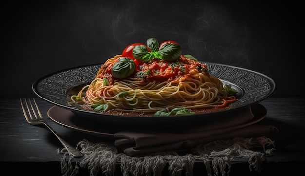 Smakelijke smakelijke klassieke italiaanse spaghetti pasta met tomatensaus op bord op donkere tafel