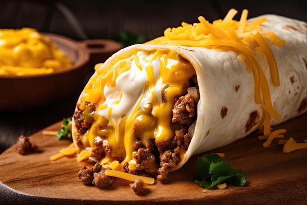 Smakelijke taco of burrito gesmoord in gesmolten kaas en toppings gemaakt met generatieve ai