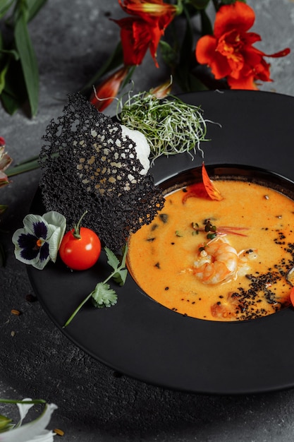 Smakelijke Tom Yum-soep met garnalen en kokosmelk.