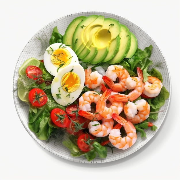 Smakelijke zeevruchtensalade met avocado en gekookte eieren