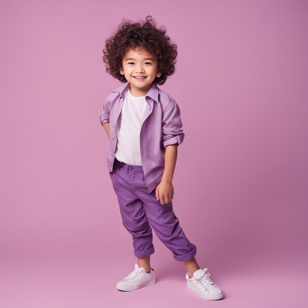 Small 4 year old boy with a curly hairstyle stand against a pastel color background