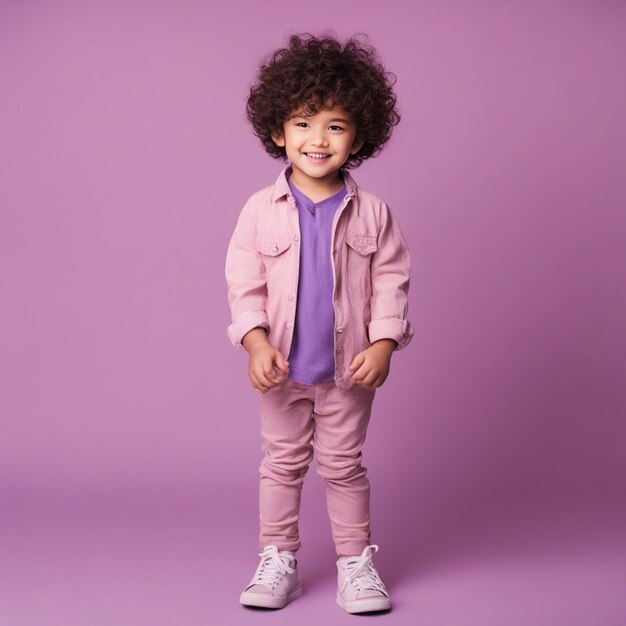 Small 4 year old boy with a curly hairstyle stand against a pastel color background