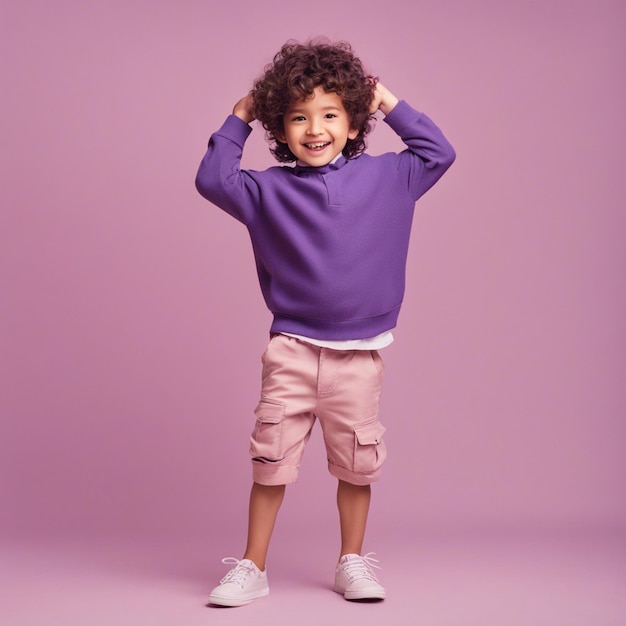 Photo small 4 year old boy with a curly hairstyle stand against a pastel color background