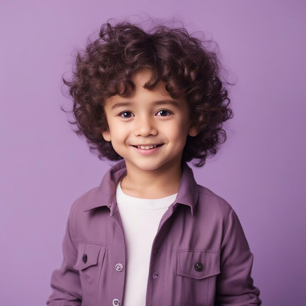 Small 4 year old boy with a curly hairstyle stand against a pastel color background