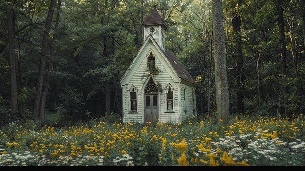 Photo a small abandoned church sits in a field of wildflowers the church is made of wood and is painted white