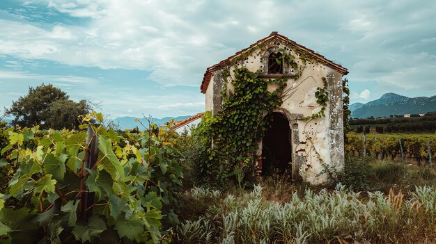 Foto piccola casa di pietra abbandonata in mezzo a un rigoglioso vigneto