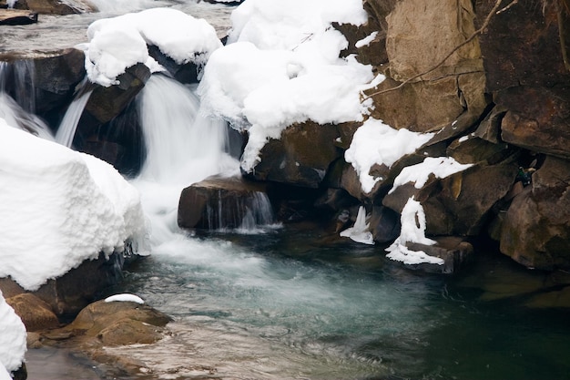 A small active waterfall Clean mountain stream snowy winter landscape wildlife background