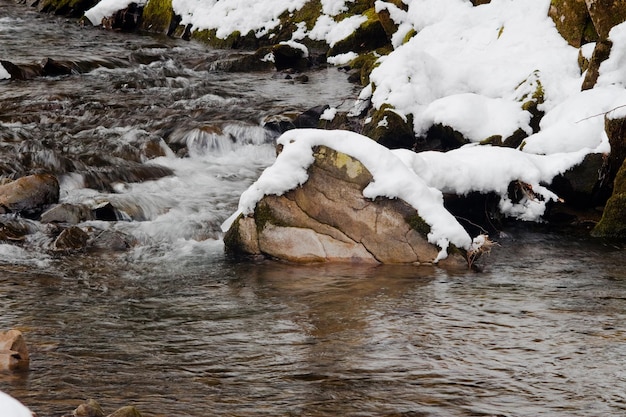 A small active waterfall Clean mountain stream snowy winter landscape wildlife background