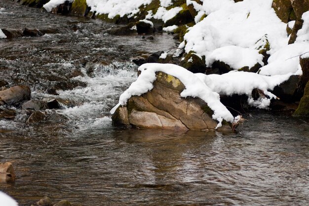 A small active waterfall Clean mountain stream snowy winter landscape wildlife background