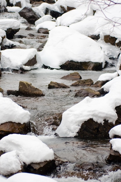 A small active waterfall Clean mountain stream snowy winter landscape wildlife background