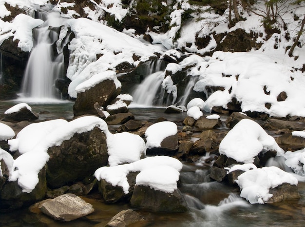 A small active waterfall Clean mountain stream snowy winter landscape wildlife background