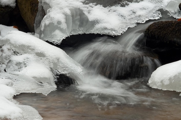 A small active waterfall Clean mountain stream snowy winter landscape wildlife background