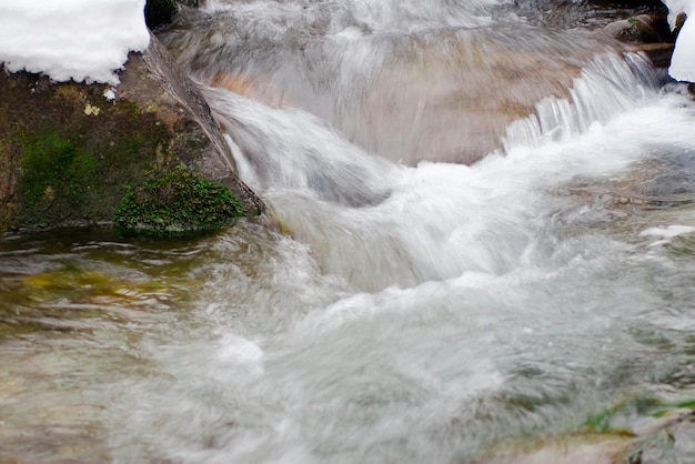 A small active waterfall Clean mountain stream snowy winter landscape wildlife background