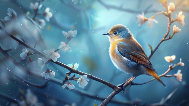 Photo a small adorable bird sitting on a branch with a beautiful blue natural background