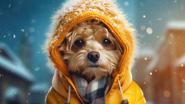 A small adorable dog dressed in a trendy winter coat and a matching hat the dog's outfit in vibrant colors that pop against a contrasting background highlighting its stylish winter look