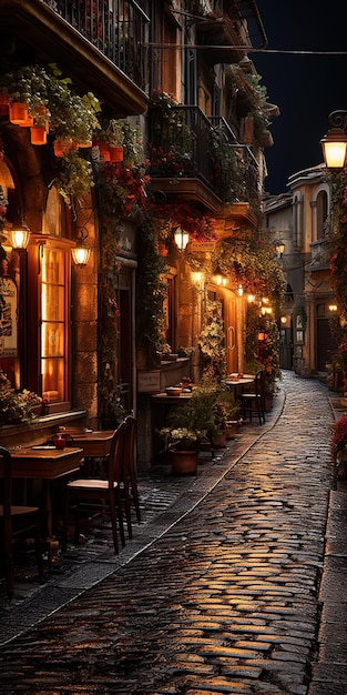 a small alley with a small cafe and a small table with a lantern hanging from the ceiling.