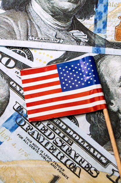 Foto piccola bandiera americana sullo sfondo di dollari