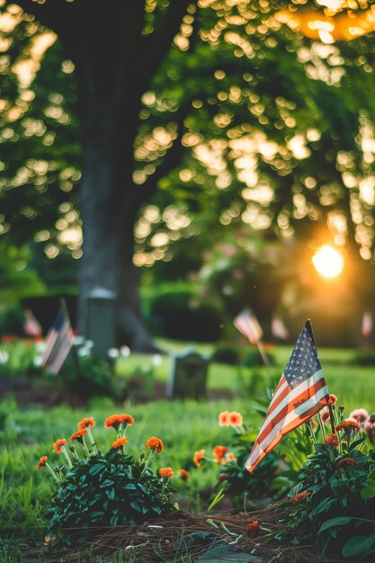 A small American flag is in a field of flowers