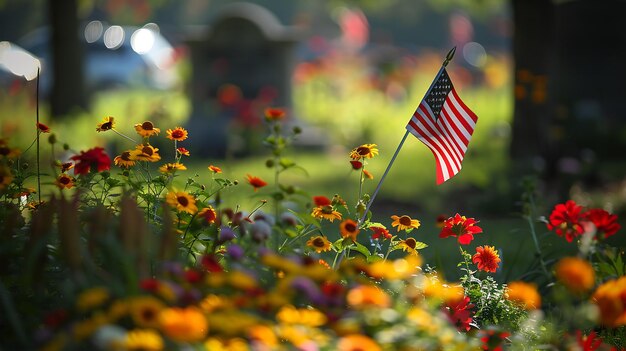 A small American flag waves in a field of flowers The flag is surrounded by red white and blue flowers