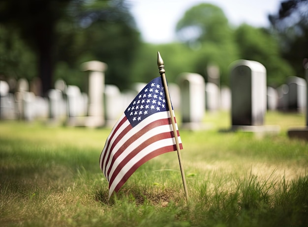 Small american flags and headstones at national cemetary memorial day display