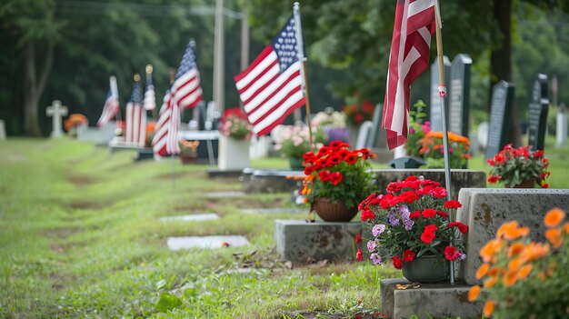 Photo small american flags placed on graves in a cemetery