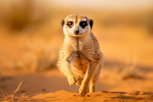 a small animal standing on top of a sandy field