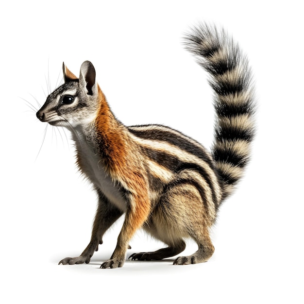 A small animal with a striped tail and a striped tail