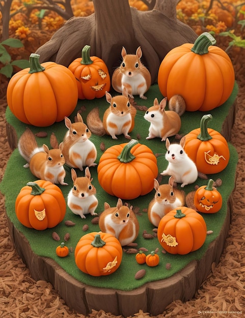 small animals like squirrels and rabbits surrounded by pumpkins