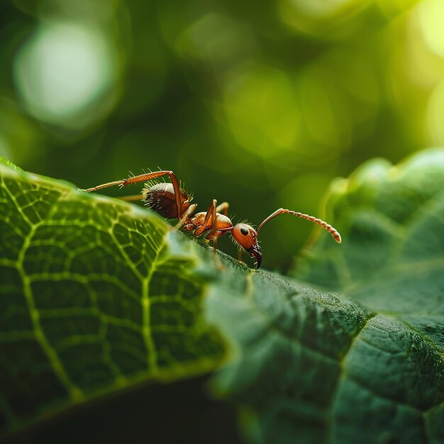 Small Ant Working on Green Leaf Outdoors Generated by AI