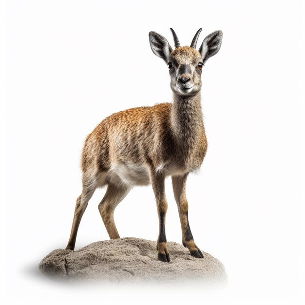 a small antelope is standing on a rock.