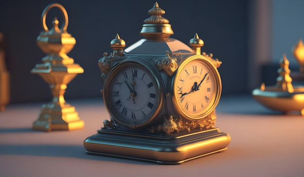 Small antique clock stand on table background Generative AI